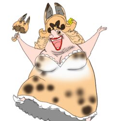  absurdres animal_ear_fluff animal_ears artist_request bare_shoulders big_mom blonde_hair charlotte_linlin creepy crossover dress female hat highres jumping kemono_friends old_woman one_piece open_mouth parody serval_(kemono_friends) serval_ears serval_print smile solo what 