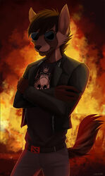  anthro biped brown_hair canid canine clothed clothing crossed_arms eyewear fire hair male mammal simple_background solo standing sunglasses zedzar 