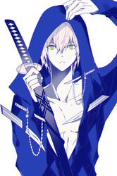  1boy 66_(roro) collarbone commentary_request hair_between_eyes holding holding_weapon hood hoodie katana looking_at_viewer male_focus manbou_no_ane original pale_skin parted_lips pectorals pink_hair sheath sheathed solo sword topless_male upper_body weapon yellow_eyes 