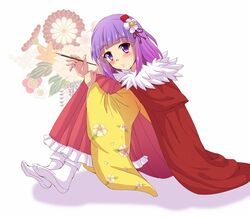  agatha_chris_q_outfit_(touhou) blush calligraphy_brush cape commentary_request female floral_print flower hair_flower hair_ornament hieda_no_akyuu holding holding_brush hugging_own_legs japanese_clothes kimono knees_up looking_at_viewer paintbrush pleated_skirt purple_hair shadow short_hair sitting skirt smile solo touhou utakata_(azaka00) white_background white_legwear wide_sleeves 