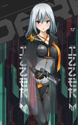  black_gloves blue_eyes blush breasts cloak collarbone commentary english_commentary female gloves grey_hair gun hair_between_eyes highres holding holding_gun holding_weapon impossible_clothes indy_k long_hair looking_at_viewer medium_breasts original see-through spandex standing weapon 