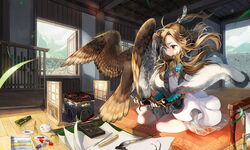  animal bird blonde_hair brown_eyes brush capelet cloud commentary day female fingerless_gloves fur_trim gloves hawk indoors ink long_hair mochaabx mountain original paper photoshop_(medium) see-through sitting sky smile tail vambraces wall wariza wings 