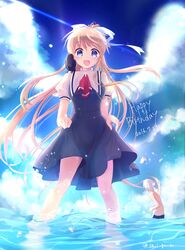  1boy air_(visual_novel) animal animal_on_shoulder bad_id bad_twitter_id bird bird_on_shoulder blonde_hair blue_eyes crow dated dress female happy_birthday highres kamio_misuzu kunisaki_yukito long_hair open_mouth ponytail school_uniform skirt_hold sora_(air) very_long_hair water yushima 