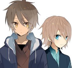  2boys amesawa_mokke bad_id bad_pixiv_id black_hair blue_eyes brown_eyes brown_hair isaki_kaname kihara_tsumugu multiple_boys nagi_no_asukara short_hair 