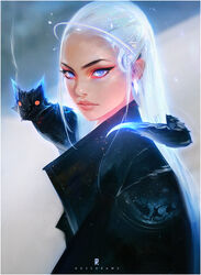  a_song_of_ice_and_fire blue_eyes commentary_request daenerys_targaryen dragon dragon_on_shoulder eyebrows eyelashes female forehead game_of_thrones glowing lips long_hair mini_dragon nose photoshop_(medium) ross_tran solo upper_body white_hair 