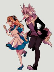  1boy alice_(wonderland)_(cosplay) alice_in_wonderland animal_ears apron blazblue blonde_hair blue_dress bow candy cosplay female green_eyes jacket long_hair multicolored_eyes noel_vermillion ragna_the_bloodedge red_eyes ribbon sliver_hair tail 