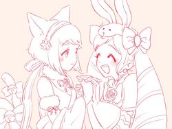  2girls animal_ears bell bow cat_ears cat_tail closed_eyes d0o00o0b elise_(fire_emblem) fire_emblem fire_emblem_fates fire_emblem_heroes fur_trim gloves hairbow headband holding_hands long_hair monochrome multiple_girls open_mouth pink_background rabbit_ears sakura_(fire_emblem) sakura_(halloween)_(fire_emblem) short_hair simple_background smile tail twintails 