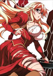  absurdres black_eyes blonde_hair blush boots breasts cleavage female freezing_(series) glasses highres huge_breasts legs long_hair looking_at_viewer open_mouth pantyhose satellizer_el_bridget simple_background solo soo-hyon_lee standing sword thighs torn_clothes torn_pantyhose weapon 