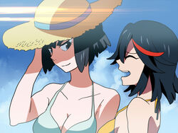  2girls black_hair commentary_request hat kill_la_kill kiryuuin_satsuki matoi_ryuuko multiple_girls shinonoko_(tubamecider) short_hair smile spoilers straw_hat swimsuit 