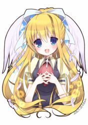  air_(visual_novel) blonde_hair blue_eyes commentary_request female highres kamio_misuzu long_hair open_mouth ponytail ro_(igris-geo) school_uniform smile solo wings 