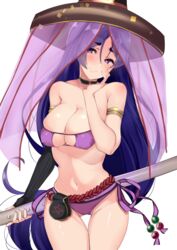  armlet ashino bikini black_gloves blush breasts cleavage closed_mouth collarbone commentary_request covered_nipples cowboy_shot elbow_gloves eyepatch_bikini fate/grand_order fate_(series) female gloves hand_on_own_face hat highres holding holding_sword holding_weapon large_breasts long_hair looking_at_viewer minamoto_no_raikou_(fate) minamoto_no_raikou_(swimsuit_lancer)_(fate) minamoto_no_raikou_(swimsuit_lancer)_(first_ascension)_(fate) navel purple_bikini purple_eyes purple_hair rope side-tie_bikini_bottom single_glove smile solo standing stomach swimsuit sword thigh_gap transparent very_long_hair weapon 