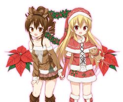  arm_warmers bare_shoulders blonde_hair boots bow brown_bow brown_eyes brown_footwear brown_hair brown_skirt brown_sleeves choker detached_sleeves drill_hair elbow_gloves flower flower_knight_girl gingerbread_man gloves hairband hairbow hat holding_hands holly holly_(flower_knight_girl) knee_boots layered_skirt long_hair looking_at_viewer morino_harifu multiple_girls object_namesake poinsettia poinsettia_(flower_knight_girl) ponytail red_eyes red_gloves red_hat red_skirt santa_hat shawl short_hair skirt smile white_background 