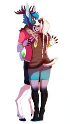  anthro antlers braided_hair closed_eyes clothed clothing deer duo ear_piercing female hair hi_res horn hug hyena male male/female mammal new_world_deer piercing predator/prey reindeer simple_background smile spotted_hyena standing thick_thighs twin_braids twintails white_background wide_hips zedzar 