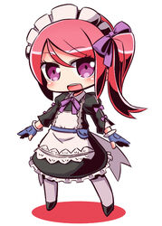  7th_dragon_(series) 7th_dragon_iii :d apron black_dress black_footwear blue_gloves blush bow chibi collared_dress colored_shadow commentary_request dress female full_body gloves god-hand_(7th_dragon) grey_pantyhose hair_between_eyes hairbow juliet_sleeves long_hair long_sleeves looking_at_viewer maid maid_headdress naga_u one_side_up open_mouth pantyhose partially_fingerless_gloves puffy_sleeves purple_bow purple_eyes red_hair round_teeth shadow shoes sidelocks smile solo standing teeth upper_teeth_only white_apron white_background 