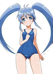  blue_eyes blue_hair blue_one-piece_swimsuit blush commentary_request female highres imaichi_moenai_ko kobe_shinbun long_hair old_school_swimsuit one-piece_swimsuit school_swimsuit shiny_skin solo standing swimsuit tokiani twintails 