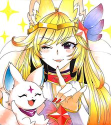  ahri alternate_costume alternate_hair_color female fox_ears league_of_legends lipstick long_hair magical_girl nail_polish otani_(kota12ro08) peach_hair purple_eyes star_guardian_ahri tiara wink 