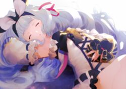  armpits closed_eyes commentary_request detached_sleeves drill_hair female granblue_fantasy hair_ribbon long_hair lying nido_celisius phoebe_(granblue_fantasy) purple_hair ribbon sleeping solo very_long_hair 