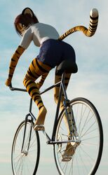  2018 3d_(artwork) alhor_kishine anthro ass bicycle bottomwear butt_focus clothed clothing cycling digital_media_(artwork) felid felin kawaoneechan male mammal pantherine shirt shorts solo tiger topwear vehicle 