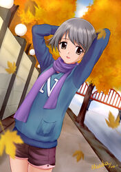  absurdres arms_behind_head arms_up artist_name blush brown_eyes commentary_request dated female grey_hair highres leaf looking_at_viewer memories_off memories_off_2nd miuka parted_lips photoshop_(medium) purple_scarf scarf short_hair signature smile solo souma_megumi 