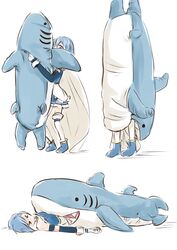  &gt;_&lt; blue_eyes blue_hair boots cape closed_eyes commentary_request female mahou_shoujo_madoka_magica mahou_shoujo_madoka_magica_(anime) miki_sayaka miki_sayaka_(magical_girl) oerba_yun_fang open_mouth photo-referenced shark shark_sleeping_bag short_hair skirt sleeping_bag solo u_u_(mooooooou) 