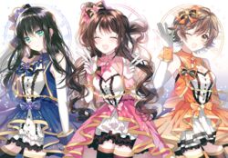  3girls :d ;d ^_^ bad_id bad_pixiv_id brown_eyes brown_hair closed_eyes double_w elbow_gloves gloves green_eyes honda_mio idolmaster idolmaster_cinderella_girls idolmaster_cinderella_girls_starlight_stage long_hair looking_at_viewer multiple_girls nennen new_generations_(idolmaster) one_eye_closed one_side_up open_mouth shibuya_rin shimamura_uzuki short_hair smile stage_of_magic_(idolmaster) star_(symbol) thighhighs w zettai_ryouiki 