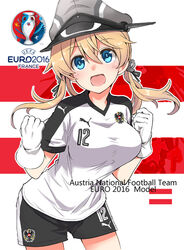  alternate_costume anchor_hair_ornament austria austrian_flag blonde_hair blue_eyes breasts commentary_request euro_2016 female fujii_jun gloves hair_between_eyes hair_ornament hat kantai_collection large_breasts long_hair looking_at_viewer open_mouth peaked_cap photoshop_(medium) prinz_eugen_(kancolle) soccer soccer_uniform solo sportswear white_gloves 