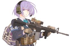  acog alma01 armband asato_miyo assault_rifle bag commentary_request female gloves gun headset highres laser_sight little_armory load_bearing_vest m4_carbine magazine_(weapon) military rifle school_bag school_uniform scissors solo trigger_discipline vertical_foregrip weapon 