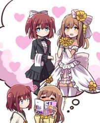  2girls :d =_= ? bad_id bad_twitter_id blue_eyes blush bouquet boutonniere bow bowtie brown_hair center_frills closed_eyes collarbone commentary_request cosplay dress flower frills hair_ornament heart holding hoshizora_rin hoshizora_rin_(cosplay) koizumi_hanayo koizumi_hanayo_(cosplay) kunikida_hanamaru kurosawa_ruby long_hair looking_at_viewer love_live! love_live!_school_idol_project love_live!_sunshine!! love_wing_bell magazine_(object) multiple_girls open_mouth orange_eyes red_hair school_uniform serafuku shipii_(jigglypuff) short_hair simple_background smile thighhighs thought_bubble twintails two_side_up uranohoshi_school_uniform wedding_dress yellow_bow 