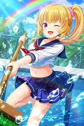  alternative_girls blonde_hair blue_skirt blush broom chain-link_fence cloud cloudy_sky collarbone commentary_request day empty_pool female fence happy high_side_ponytail highres holding holding_broom long_hair long_sleeves looking_at_viewer mizushima_airi navel neckerchief official_art one_eye_closed open_mouth outdoors pink_scrunchie pool purple_eyes rainbow sailor_collar school_uniform scrunchie serafuku shirt side_ponytail skirt sky smile solo splashing standing wet wet_clothes wet_shirt white_shirt 