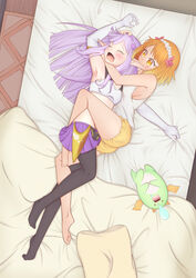  2girls akairi_bon arm_up armpits barefoot bed bed_sheet biting black_legwear blush breasts chibi_dragon closed_eyes commentary_request creature ear_biting elbow_gloves elf elnowar_seylan endro! fai_fai flower from_above furrowed_brow gloves hair_flower hair_ornament hairband hand_on_another&#039;s_head highres light_purple_hair long_hair long_pointy_ears looking_at_another lying multiple_girls oerba_yun_fang on_bed on_side open_mouth orange_eyes orange_hair pantyhose pleated_skirt pointy_ears purple_skirt see-through see-through_legwear sheet_grab shirt shorts sideboob skirt sleeping sleeveless sleeveless_shirt small_breasts toe_scrunch v-shaped_eyebrows white_gloves white_shirt yuri 