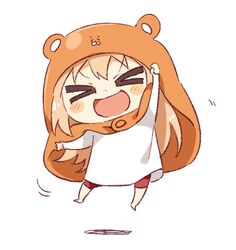  &gt;_&lt; :d barefoot blonde_hair chibi clenched_hand commentary_request doma_umaru female hamster_costume hamster_hood himouto!_umaru-chan hood jumping komaru_(himouto!_umaru-chan) long_hair namori open_mouth simple_background smile solo white_background xd 