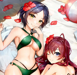  2girls ahoge bad_id bad_pixiv_id ball bare_shoulders beachball bikini blue_eyes blue_hair blush breasts brown_hair cleavage closed_mouth collarbone commentary_request criss-cross_halter earrings flower green_bikini hair_between_eyes hair_flower hair_ornament halterneck hayami_kanade highres hip_focus ichinose_shiki idolmaster idolmaster_cinderella_girls jai_(whany1998) jewelry long_hair looking_at_viewer lying medium_breasts multiple_girls navel o-ring on_back one_eye_closed parted_bangs petals photoshop_(medium) short_hair smile swimsuit towel wavy_hair yellow_eyes 