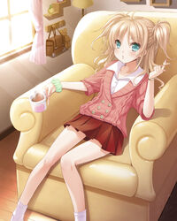  alto_seneka bad_id bad_pixiv_id bag blonde_hair blue_eyes couch cup curtains dress_shirt female heart lamp long_hair looking_at_viewer mug original school_bag shirt sitting skirt solo stuffed_animal stuffed_toy teddy_bear twintails twirling_hair watch window wristwatch 