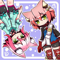  2girls 7th_dragon 7th_dragon_(series) 7th_dragon_2020 7th_dragon_2020-ii animal_ear_fluff animal_ears belt belt_buckle bike_shorts black_shorts blue_dress blue_jacket blush buckle cat_ears closed_mouth commentary_request dress fighter_(7th_dragon) gloves green_eyes hair_between_eyes hair_bobbles hair_ornament harukara_(7th_dragon) jacket light_frown long_sleeves look-alike lucier_(7th_dragon) marina_(7th_dragon_2020-ii) multiple_girls naga_u one_side_up pink_hair red_gloves short_shorts short_sleeves shorts smile striped_clothes striped_thighhighs thighhighs upside-down white_belt 