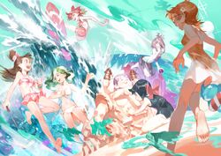  6+girls amanda_o&#039;neill aqua_theme asymmetrical_bangs barbara_parker bare_arms bare_legs bare_shoulders barefoot beach bikini bikini_skirt bird blue_sky bow brown_hair closed_eyes commentary_request constanze_amalie_von_braunschbank-albrechtsberger day diana_cavendish fat food glasses green_hair green_sky hair_over_one_eye hairbow half-closed_eyes hanna_england happy hat highres horizon jasminka_antonenko kagari_atsuko lagann light_green_hair little_witch_academia long_hair lotte_jansson low_ponytail multicolored_hair multiple_girls navel ocean orange_hair outdoors pale_skin red_eyes short_hair sky smile soles streaked_hair striped_bikini striped_clothes sucy_manbavaran surfing swimsuit tengen_toppa_gurren_lagann two-tone_hair wand water white_bikini witch witch_hat yotsuyu 