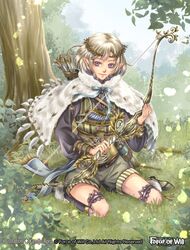  1boy arrow_(projectile) artist_name blonde_hair boots bow bow_(weapon) bowtie capelet cecil_letoliel_(force_of_will) commentary_request copyright_name elf force_of_will fur_trim grass kamijororo leaf male_focus official_art pointy_ears purple_eyes quiver sitting solo tiara tree watermark weapon 