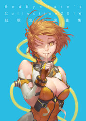  2016 arm_belt black_light blue_background bracer breasts brown_hair cable chinese_commentary cleavage cleavage_cutout clothing_cutout commentary_request cover detached_sleeves eyelashes female finger_to_mouth fingerless_gloves floating_hair gloves glowing gorget highres large_breasts looking_at_viewer one_eye_closed original parted_lips reflection science_fiction shaded_face short_hair shushing simple_background skin_tight smile solo upper_body yellow_eyes 