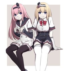  2girls arm_support bad_id bad_pixiv_id black_skirt blonde_hair blue_eyes blunt_bangs blush bow bowtie breast_envy breasts buttons closed_mouth cowboy_shot detached_sleeves double-breasted eyebrows fingerless_gloves flat_chest gloves hairband highres long_hair looking_at_another looking_at_viewer lulu_heika miniskirt multiple_girls outside_border pantyhose pink_hair pleated_skirt red_bow school_uniform serafuku shirt sitting skirt smile smokestack sweatdrop thighhighs underbust warship_girls_r white_gloves white_legwear white_shirt white_skirt z17_diether_von_roeder_(warship_girls_r) z18_hans_ludemann_(warship_girls_r) zettai_ryouiki 