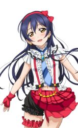  artist_request blue_hair blush bokura_wa_ima_no_naka_de bow breasts brown_eyes checkered earrings female fingerless_gloves frills gloves hairband hairbow half-skirt jewelry long_hair looking_at_viewer love_live! love_live!_school_idol_festival love_live!_school_idol_festival_after_school_activity love_live!_school_idol_project navel necktie official_art open_mouth outstretched_arms plaid puffy_pants puffy_shorts shorts simple_background small_breasts smile solo sonoda_umi spread_arms striped striped_necktie suspenders thigh_gap transparent_background 