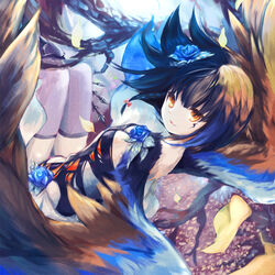  bad_id bad_pixiv_id black_hair blue_flower blue_rose bow breasts commentary_request facial_tattoo feathered_wings feathers female flower hair_flower hair_ornament hairbow harpy leotard looking_at_viewer lord_of_vermilion lord_of_vermilion_iii medium_breasts monster_girl open_mouth photoshop_(medium) rose short_hair smile solo tattoo thighhighs winged_arms wings yellow_eyes yue_(lov_n_n) 