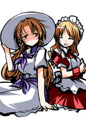  2girls ^_^ blush closed_eyes commentary_request cosplay costume_switch dress drill_hair hat headdress hemogurobin_a1c long_hair louise_(touhou) louise_(touhou)_(cosplay) multiple_girls open_mouth photoshop_(medium) skirt smile touhou touhou_(pc-98) twin_drills twintails white_dress wrist_cuffs yellow_eyes yumeko_(touhou) yumeko_(touhou)_(cosplay) 