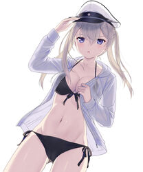  ass_visible_through_thighs bad_id bad_pixiv_id bikini black_bikini blush breasts cleavage cnm female front-tie_bikini_top front-tie_top graf_zeppelin_(kancolle) grey_hair hat highres jacket kantai_collection large_breasts long_hair long_sleeves navel pale_skin peaked_cap purple_eyes side-tie_bikini_bottom simple_background solo swimsuit twintails white_background white_hair 