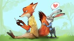  2016 anthro canid canine chasefox clothed clothing digital_media_(artwork) disney duo female fox fur heart_symbol hug judy_hopps lagomorph leporid male mammal nick_wilde rabbit red_fox sitting standing tail tail_grab tail_hug true_fox two_tone_tail zootopia 