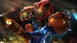  3d arm_cannon assault_visor blonde_hair blue_eyes commentary english_commentary female green_visor highres metroid powering_up samus_aran science_fiction solo varia_suit weapon wen_jr zero_suit 