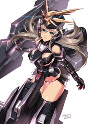  absurdres advance_of_zeta armor bare_shoulders blue_eyes commentary dated female grey_hair gun gundam helmet highres looking_up mecha_musume panties parody sigm@ signature simple_background solo tr-6_woundwort underwear weapon white_background 