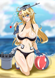  absurdres ball beachball bikini blonde_hair breasts commentary_request female full_body headgear highres iowa_(kancolle) kantai_collection large_breasts long_hair looking_at_viewer open_mouth photoshop_(medium) sangyou_haikibutsu_a solo star-shaped_pupils star_(symbol) swimsuit symbol-shaped_pupils 