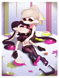  2girls ankle_boots artist_name belt black_belt black_dress black_footwear black_gloves black_hair black_pants black_shirt boots callie_(splatoon) choker closed_mouth commentary coula_cat cousins cradling_head crop_top dress earrings food food_art gloves gradient_hair green_hair green_legwear grey_hair high_heel_boots high_heels highres hug inkling jewelry light_particles long_hair lowleg lowleg_pants lying marie_(splatoon) midriff mole mole_under_eye multicolored_hair multiple_girls on_back pants pantyhose parted_lips photoshop_(medium) puffy_short_sleeves puffy_sleeves purple_hair shirt short_dress short_hair short_sleeves signature sitting sleepy smile spiked_belt spiked_choker spikes splatoon_(series) splatoon_1 splatoon_2 stomach_tattoo sunglasses sushi tako-san_wiener tattoo tearing_up very_long_hair wariza 