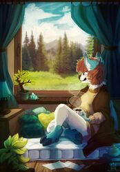  anthro beverage biped black_nose blue_body blue_fur book bottomwear breasts brown_hair clothed clothing cloud coffee container cup curtains day deer eraser female flemaly flower_pot forest fully_clothed fur gloves_(marking) grass hair hi_res holding_object hooves inner_ear_fluff inside lamp leg_markings looking_away looking_outside looking_through looking_through_window mammal markings multicolored_body multicolored_fur paper pencil_(object) pillow plant short_hair shorts sitting sky socks_(marking) solo steam sweater teapot tess_(offwhiteowl) topwear tree tuft two_tone_body two_tone_fur white_body white_fur window window_seat writing_utensil 