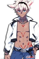  1boy alternate_costume animal_ears areola_slip bad_id bad_pixiv_id caenis_(fate) cropped_jacket dark-skinned_male dark_skin dog_tags drop_shadow fate/grand_order fate_(series) genderswap_(ftm) groin hairband hand_on_own_hip highres jacket jewelry karasumaru male_focus necklace oerba_yun_fang recursive_genderswap rule_63 simple_background solo tattoo twitter_username white_background white_hair white_jacket 