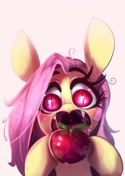  2018 apple equid equine fangs female feral fluttershy_(mlp) food friendship_is_magic fruit hair hasbro hi_res horse looking_at_viewer mammal my_little_pony open_mouth plant pony pupils slit_pupils solo sourspot teeth 